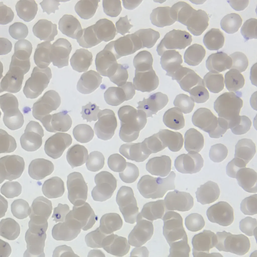 A microscope view of many round, pale gray-pink red blood cells; several have a small purple ring with a dark dot inside them