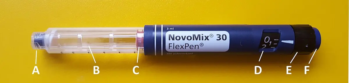 A blue and clear plastic insulin pen on a yellow background, with the letters A to F marking its parts from the tip to the button at the end