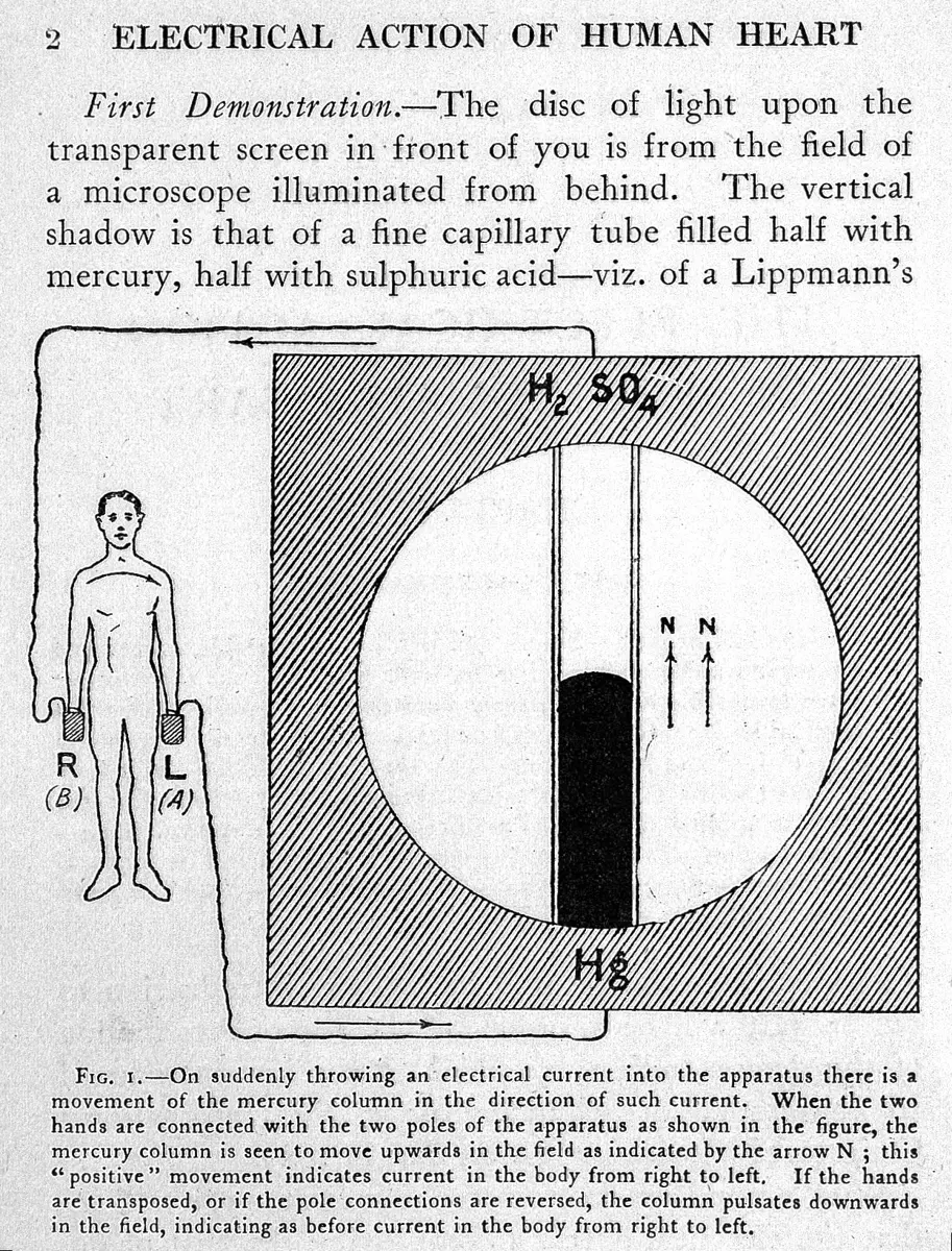 An old printed page with a drawing: a standing man holds a small block in each hand; wires run from the blocks to a square box with a round window, showing a thin glass tube half filled with black mercury. The caption explains that the mercury moves when the hands are connected.