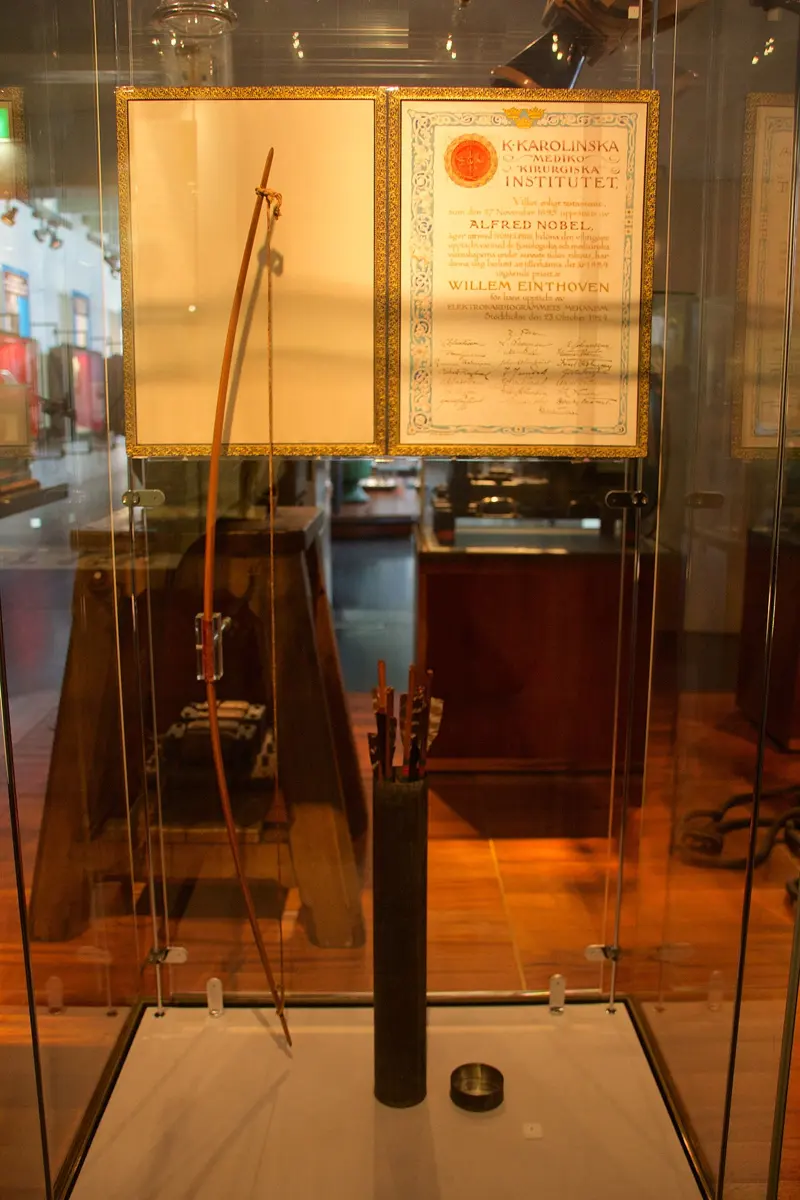 A glass display case in a museum. Inside stand a tall wooden bow and a dark tube holding a few arrows, and behind them two framed certificates, one of them Einthoven's Nobel Prize diploma.