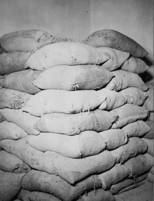 A tall stack of bulging cloth sacks piled against a wall