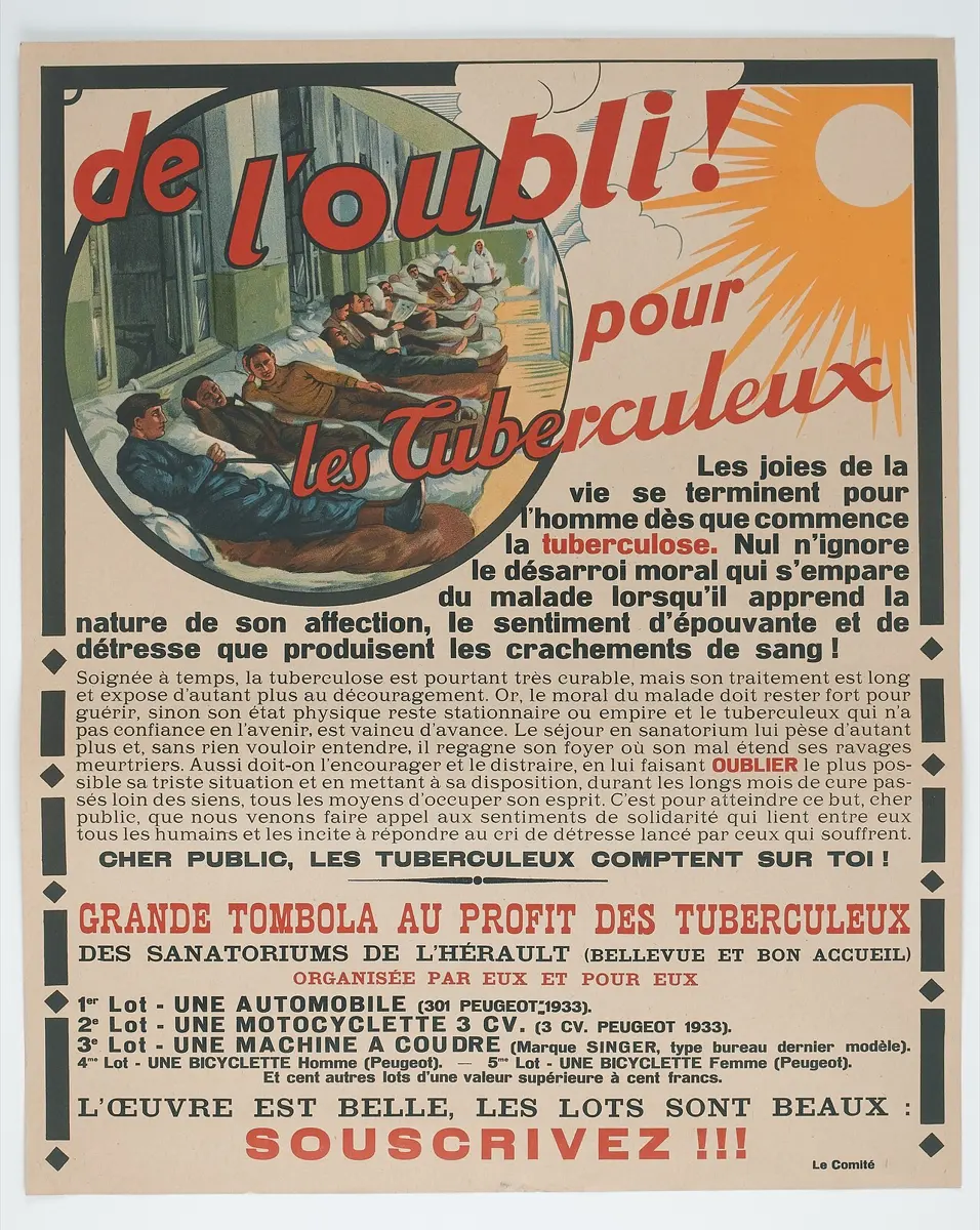 An old French poster: a round picture of patients lying in a long row of beds on an open veranda, a big orange sun beside it, and printed text below