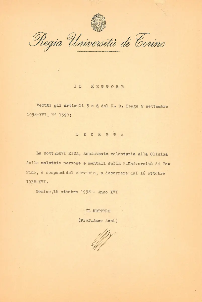A typed letter in Italian headed Regia Università di Torino, a decree signed by the Rector and dated 18 October 1938