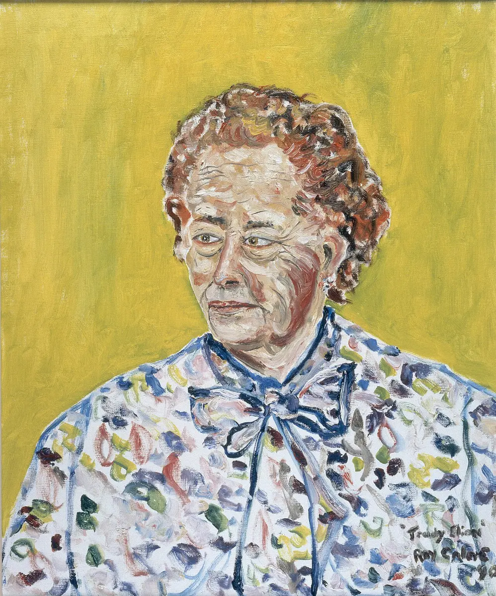An oil painting of an older woman with curly gray hair, wearing a blouse covered in bright spots of color, against a yellow background