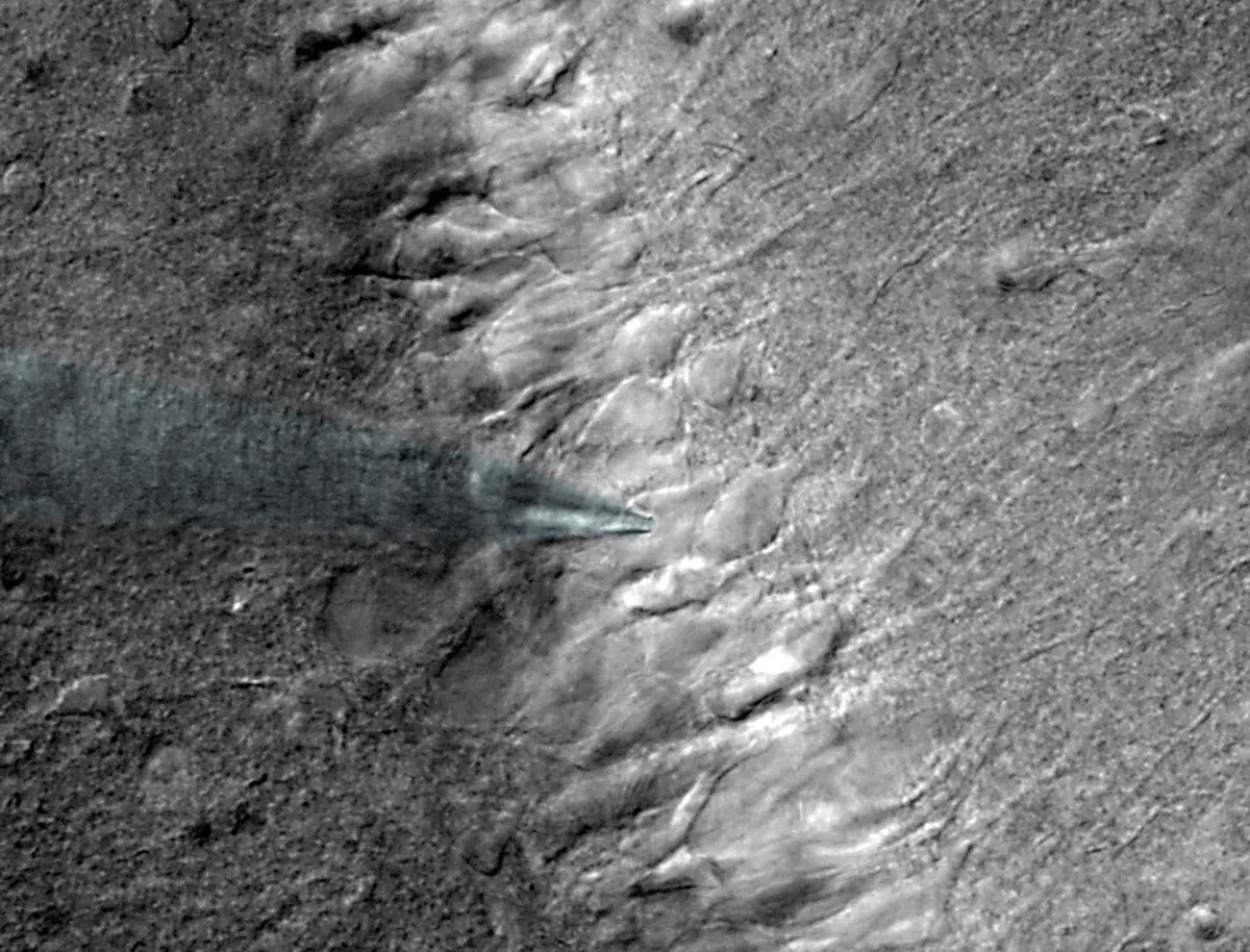 A gray microscope picture of brain tissue with a bumpy surface, and the pointed tip of a glass pipette, tinted blue, touching it from the left