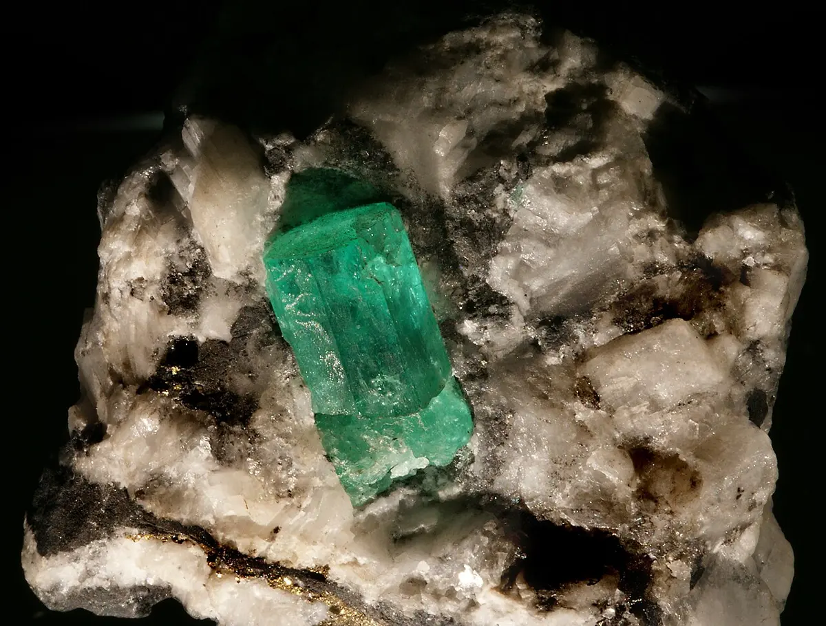 A six-sided green crystal standing in white and black rock