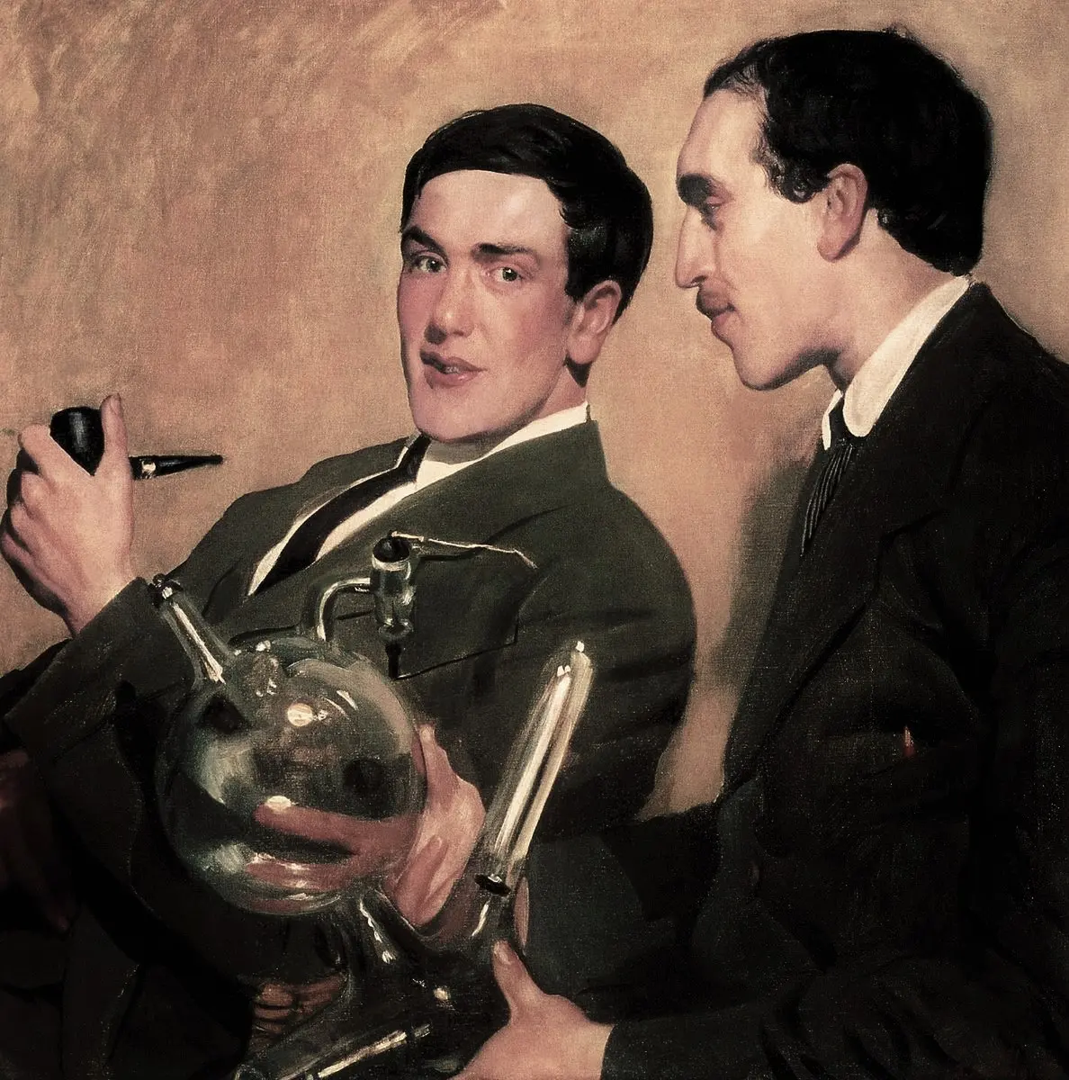 A painting of two young men in dark suits sitting side by side; the one in front holds a pipe and a glass apparatus with tubes