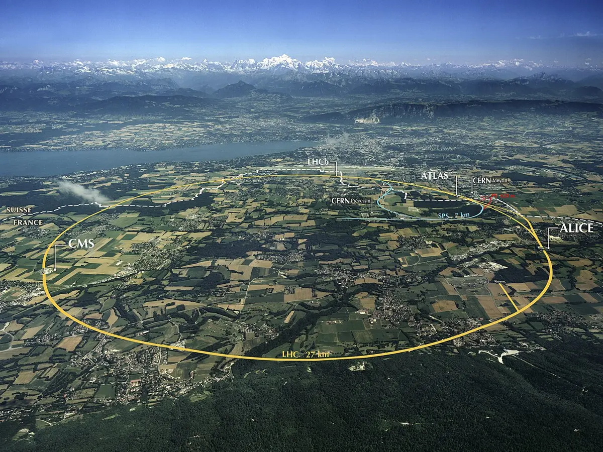 An aerial photo of green farmland and villages, with Lake Geneva and the snowy Alps behind. A large yellow ring marked LHC 27 km and a smaller blue ring marked SPS 7 km are drawn on it, crossing the dashed border between Switzerland and France.