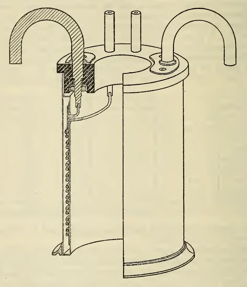A cutaway drawing of a tall metal can with two thick hooked terminals on top; the cut-away side shows a coil of wire wound inside