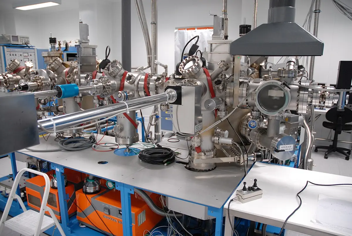 A large laboratory machine of shiny steel chambers, tubes and round windows on a frame, with cables and equipment around it