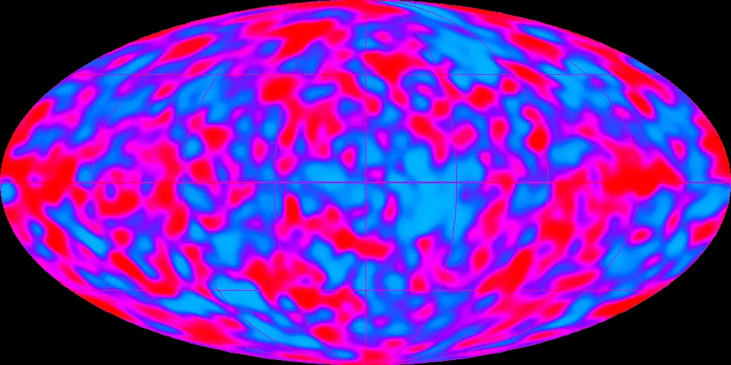 An oval map of the whole sky, mottled with patches of pink, red and blue
