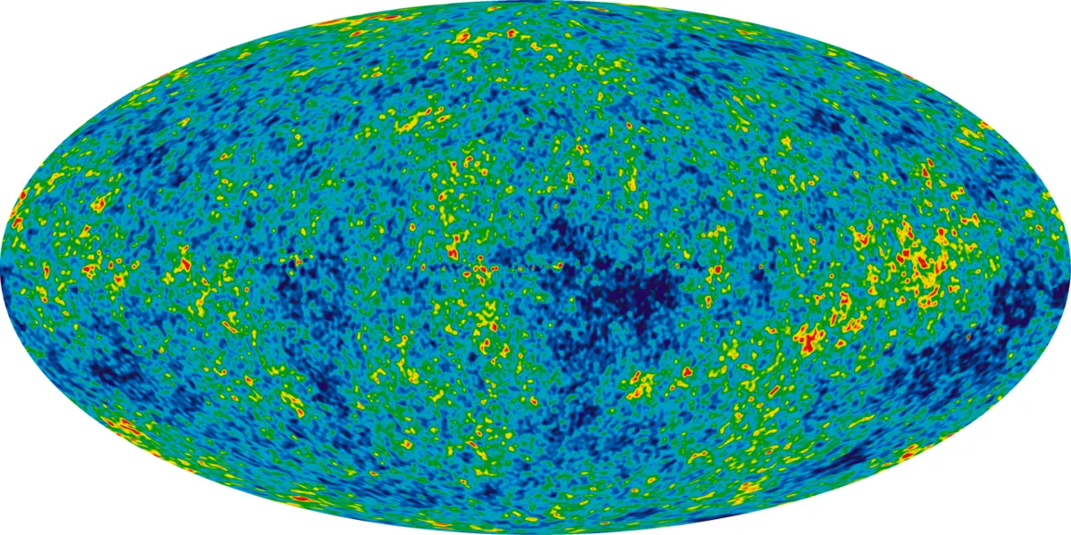 An oval map of the whole sky, speckled with fine blue, green, yellow and red spots