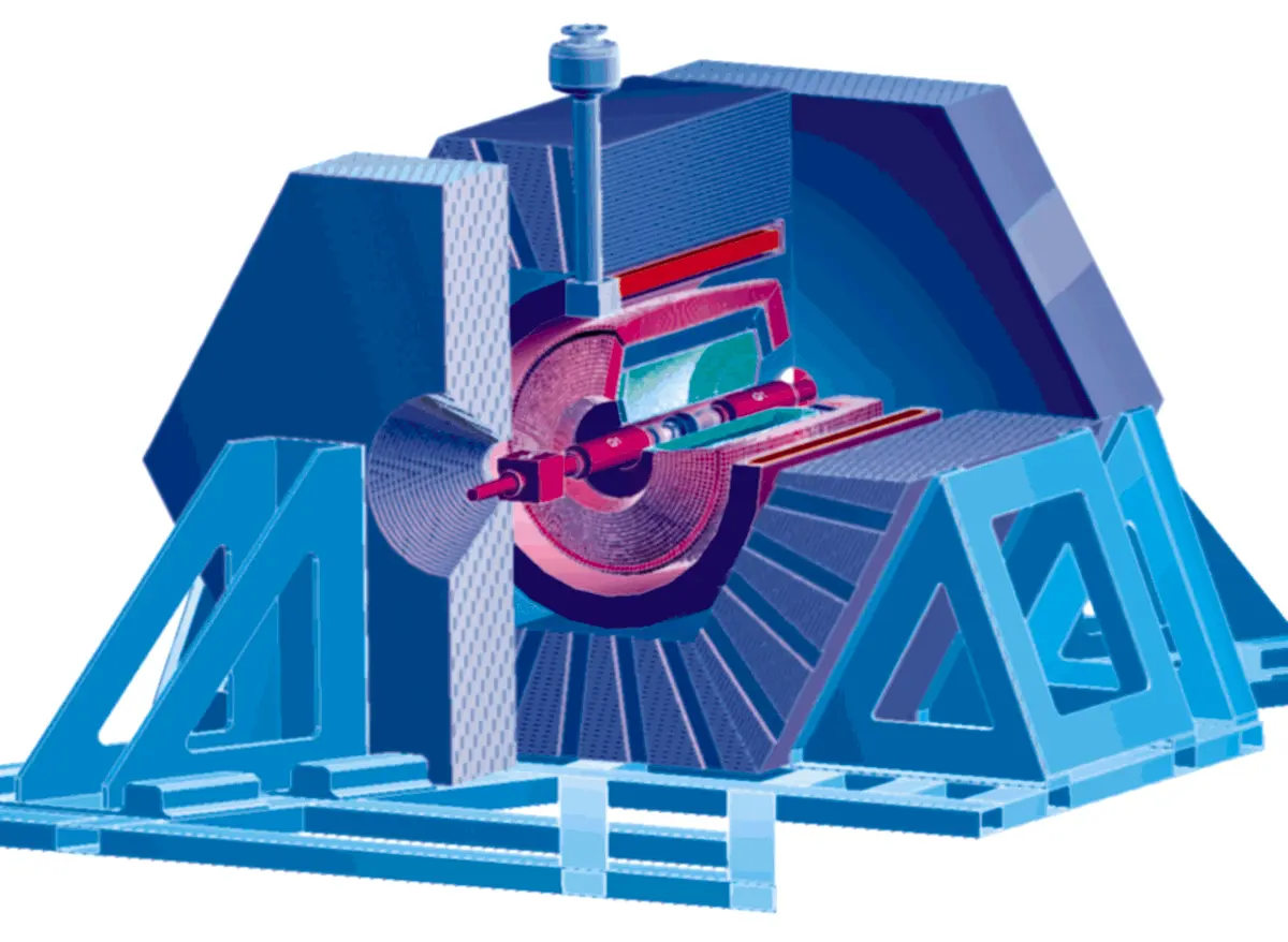 A cut-away drawing of a large blue detector on a stand, with layers inside shown in red, pink and green around a central pipe