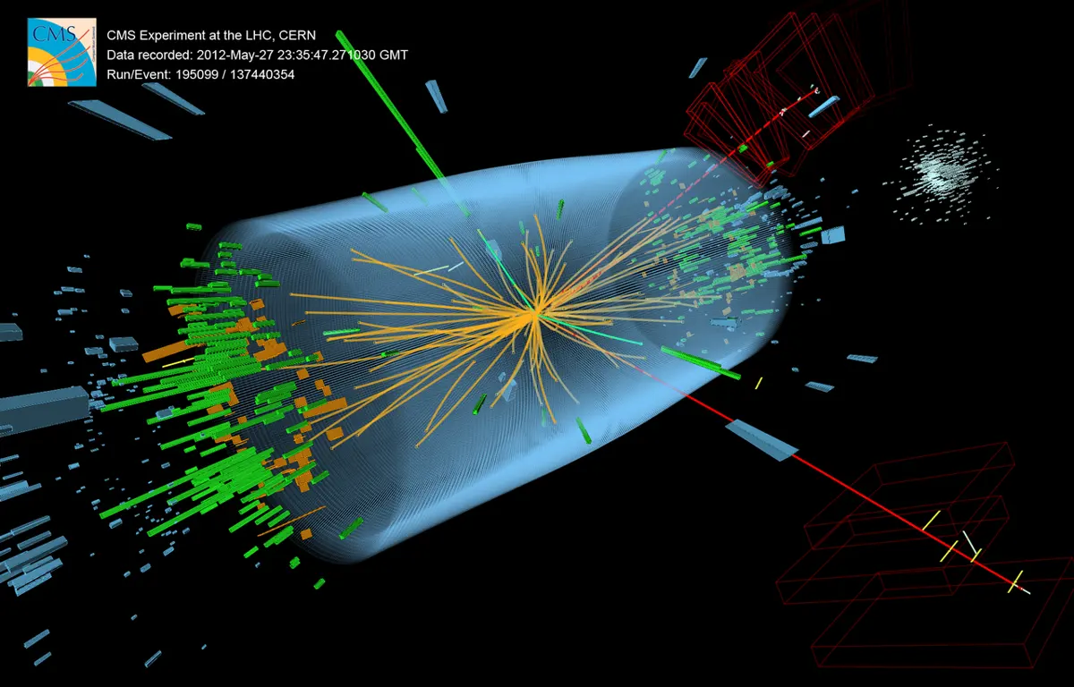 A computer drawing on black of a collision inside a pale blue barrel: many thin orange lines spray out from the center, green and orange blocks stick out from the barrel, and two red lines run off to the right through outer boxes
