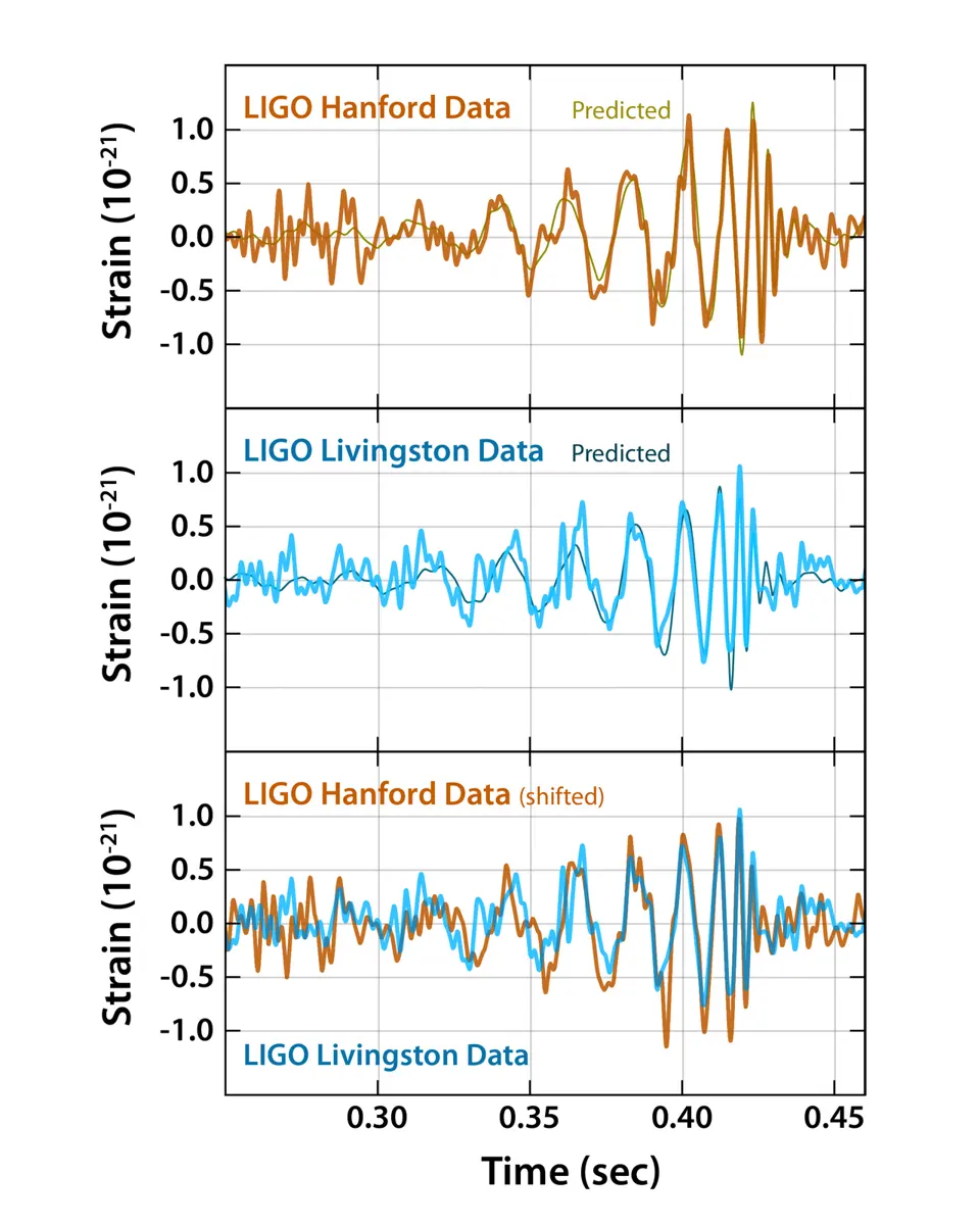 Three graphs, one above the other, of a wavy line against time from 0.25 to 0.45 seconds: in each the waves grow bigger and closer together and then stop. The first is Hanford’s data in orange with a thin predicted line over it, the second Livingston’s in blue with its predicted line, and the third has both detectors’ data laid on top of each other
