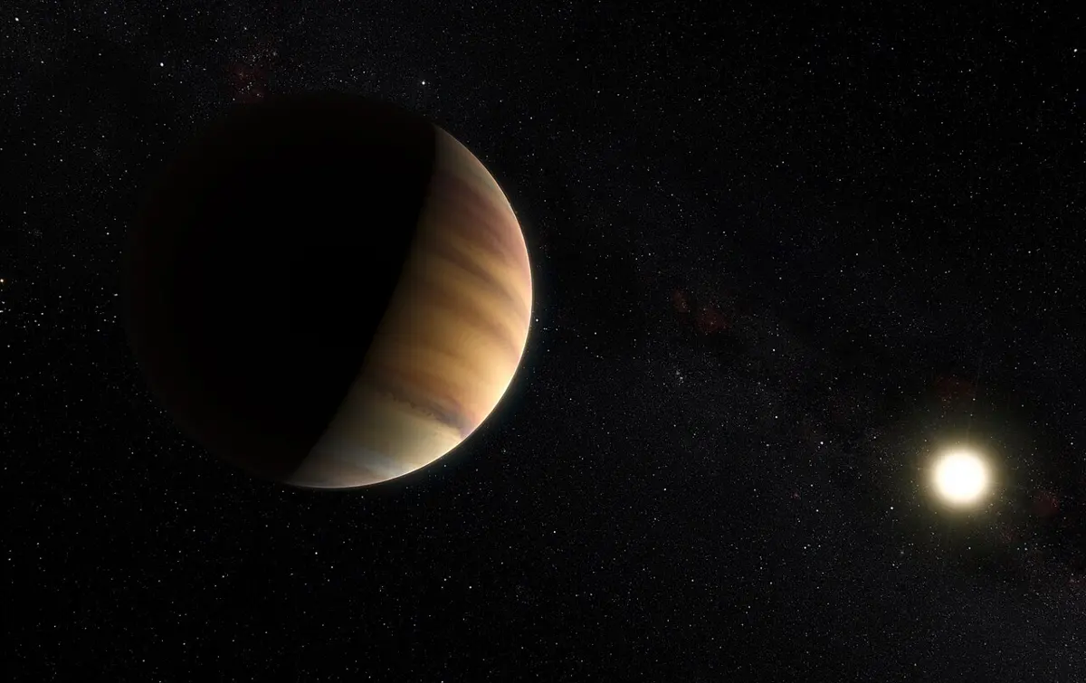 A painting of a large striped gas planet, half lit and half in shadow, with a small bright star some distance away against a starry black sky