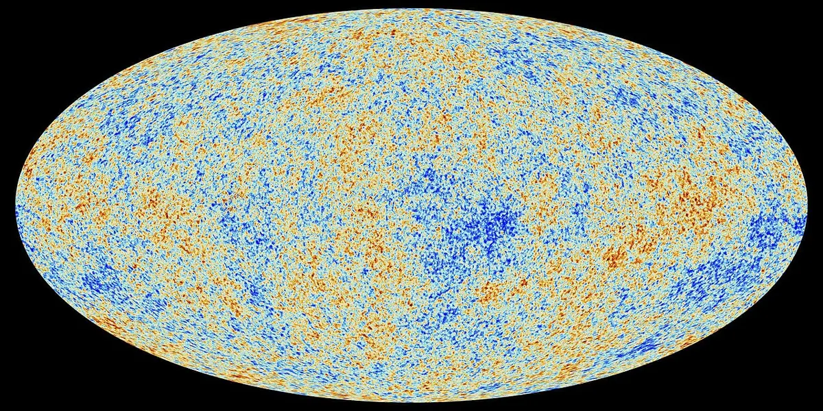 An oval map of the whole sky, speckled all over with small blotches of blue, yellow, orange and red