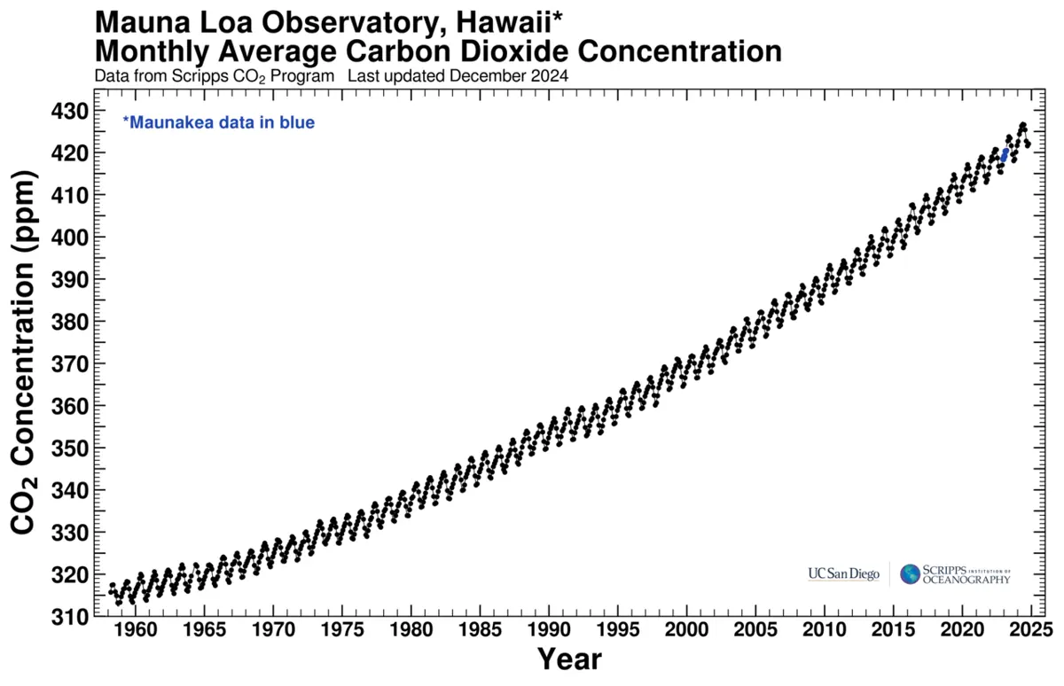A graph of carbon dioxide measured at Mauna Loa from 1958 to 2024, rising from about 315 to about 425 parts per million, with a small zigzag every year