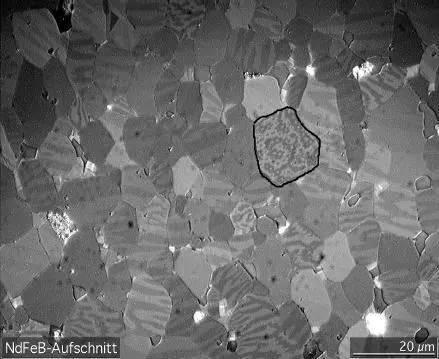 A gray microscope picture made of many small irregular grains, like crazy paving, each filled with faint light and dark stripes; one grain is outlined in black, and a scale bar reads 20 µm