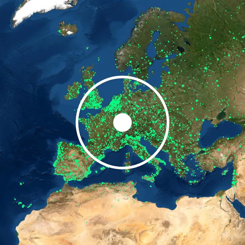 A globe of Europe and North Africa covered in green dots, each one a live radio station