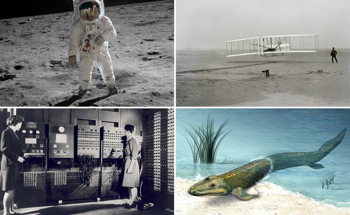 Four pictures from the timelines: Buzz Aldrin on the Moon, the Wright brothers’ first flight, two women programming the ENIAC computer, and Tiktaalik crawling out of the water