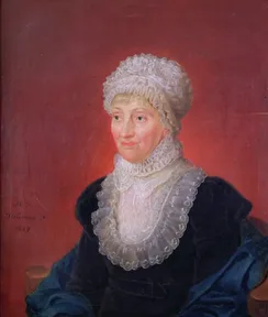 A painted portrait of Caroline Herschel in old age, in a lace cap