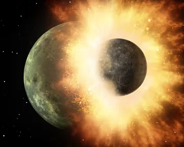 An artist’s picture of two rocky worlds smashing together in a burst of fire and debris