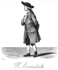 A drawing of Henry Cavendish in a long coat and three-cornered hat, with his signature