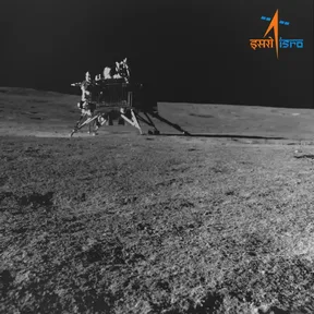 The Vikram lander standing on the grey lunar surface, photographed by the Pragyan rover from 15 meters away