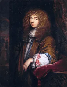 A painted portrait of Christiaan Huygens in a long curly wig