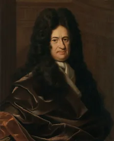 A painted portrait of Leibniz in a huge dark curly wig