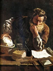A painting from 1620 imagining Archimedes, an old man at his desk with a book and a compass