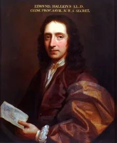 A painted portrait of Edmond Halley holding a diagram