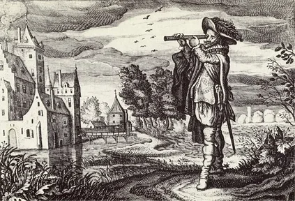 An old print from 1624 showing a man looking through an early Dutch telescope