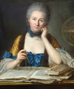 A painted portrait of Émilie du Châtelet holding a pair of compasses