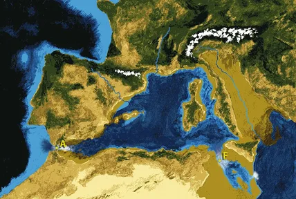 An artist’s picture of the Atlantic pouring through the Strait of Gibraltar into the dry Mediterranean basin
