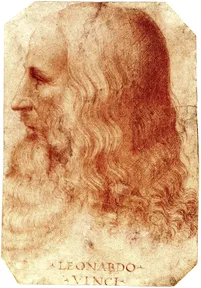 A drawing of Leonardo da Vinci in old age, with long hair and a long beard, by his pupil Francesco Melzi