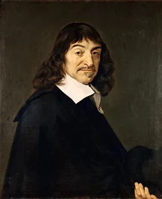 A small painted portrait of René Descartes with long dark hair and a mustache