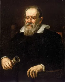 A painted portrait of Galileo in old age, with a gray beard