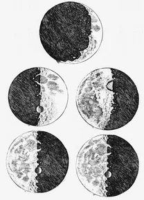 Galileo’s ink-wash drawings of the Moon in different phases, with craters and shadows