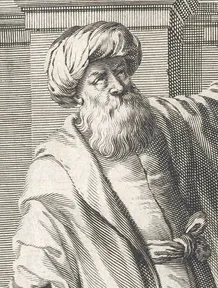 An old engraving of Ibn al-Haytham holding a geometry diagram