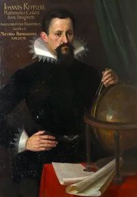 A painted portrait of Johannes Kepler with a pointed beard and a white collar