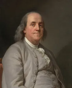 A painted portrait of Benjamin Franklin in old age, with long gray hair