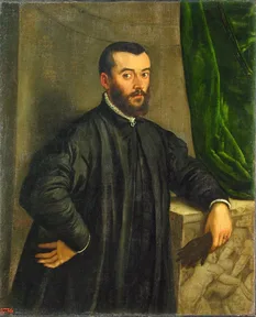A painted portrait of a bearded man dressed in black, thought to be Vesalius