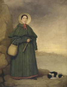 A painting of Mary Anning with her dog and a hammer, with the sea cliffs of Lyme Regis behind her