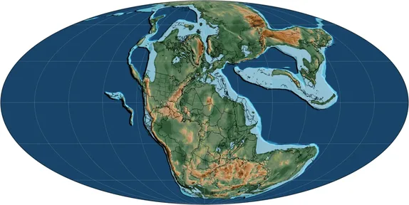 A map of the Earth 225 million years ago, with all the continents joined in one, and today’s countries outlined on it