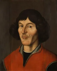 A painted portrait of Copernicus holding a lily of the valley