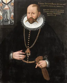 A painted portrait of Tycho Brahe with a large mustache and a ruffled collar