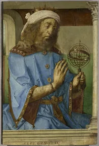 A painting from 1476 imagining Ptolemy, holding a model of the sky made of metal rings