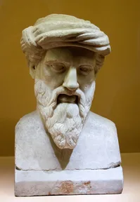 A Roman marble bust of a bearded man in a headband, said to show Pythagoras